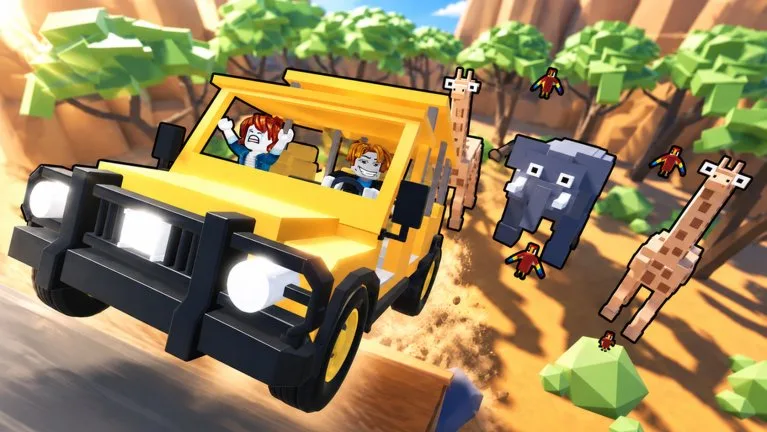 Two players drive a yellow safari jeep across the savanna past a giraffe and an elephant in Film Animals.